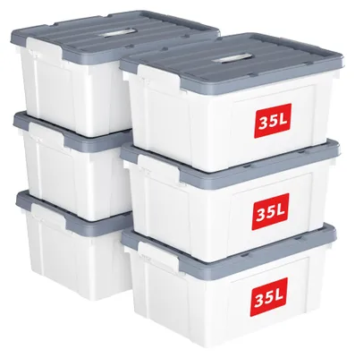 6 Aufbewahrungsboxen 35 L mit Deckel, Griff & Verschluss, weiß