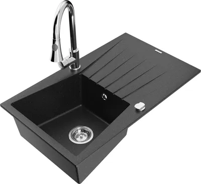 Produktbild von Mexen Cesar 1 Becken-Granitspüle mit Abtropffläche und Mischbatterie Elia, Schwarz/Silbermetallic - 6514-73-670101-00