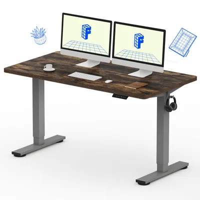 A standing desk with two monitors, a keyboard, mouse, coffee cup, and headphones.
