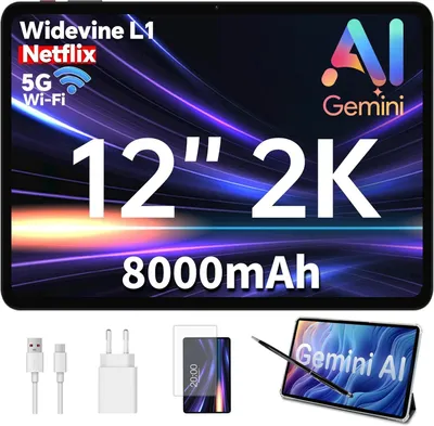 Image de Tablette de 12 pouces avec écran 2K, tablette Android avec stylet et étui, batterie de 8000 mAh, 128 Go de stockage