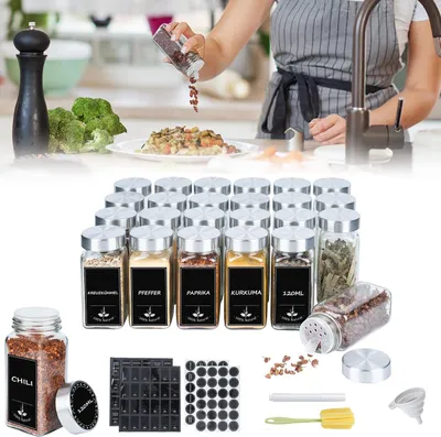 Image de Ensemble de 12 pots à épices ROSEJANE, pots en verre carrés de 120 ml, avec doseur, étiquettes, entonnoir et brosse de nettoyage, couvercles en acier inoxydable