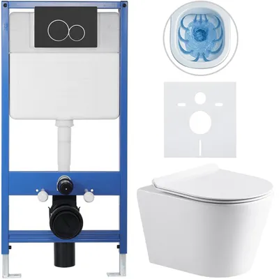 Produktbild von CERANO – Komplettes, wandhängendes WC-Set Lite/Norbi – Weiß, glänzend – WC-Spültaste Duo, schwarz, matt – Vorwandinstallation – 48,5 x 36,5 cm