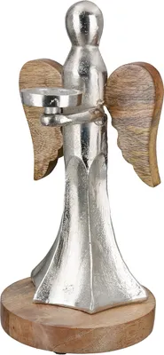 Produktbild von GILDE Teelichtleuchter, Engel, Aluminium, Mangoholz, silberfarben, , H. 31 cm, D. 15 cm 27027