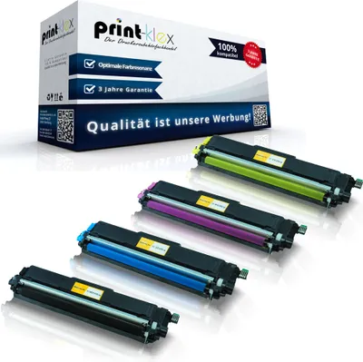 A box of toner cartridges with four toner cartridges displayed in front of it.