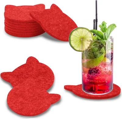 Produktbild von wortek Filz Untersetzer - Deko Tischset I Filzdeckel für Getränke, Tassen, Bar & Tisch, 8er Set I 10cm I Katzenform, Rot