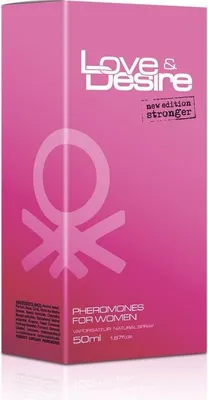 A pink box of "Love & Desire" pheromones for women.