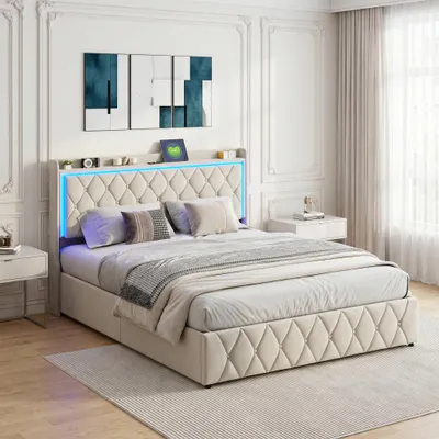 Obrázek produktu pro Hydraulická postel s polstrováním, rozměry 140x200 cm, s USB portem, postel pro mládež s úložným prostorem a LED osvětlením, dvoulůžko s roštovou základnou, potažené sametem, barva béžová