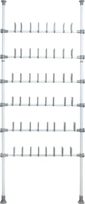 A white background shot of a multi-tiered shoe rack.