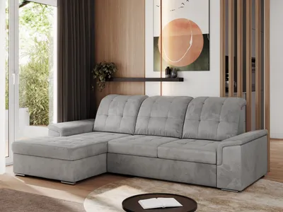 Produktbild von MKS MEBLE Sofa mit Schlaffunktion - Ecksofa mit Schlaffunktion und Bettkasten - Sofa 3 Sitzer - Schlafsofa - Couch - Schlafsofa mit Bettkasten - Madrito L - Hellgrau Velvet - Links Seite