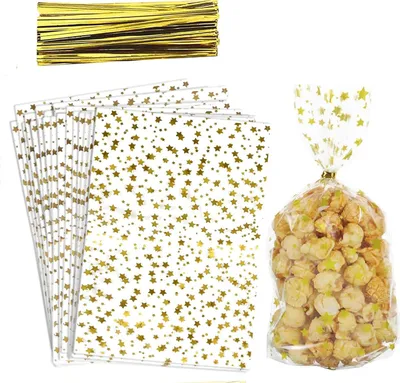 Produktbild von Goldene Zellophantüten mit Sternen, 100 Stück, 24 x 15 cm, Kekstüten mit 100 Metallverschlüssen, stabile Geschenktüten mit Kreuzboden, Geschenktüte für Süßigkeiten, Kekse und Popcorn