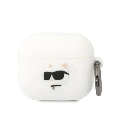 A white AirPods 3 case with a 3D Choupette head design featuring sunglasses and a small gray charm.