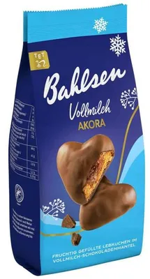 Obrázek produktu pro Bahlsen Akora plnotučná mléčná perníková srdce s ovocnou náplní 150g