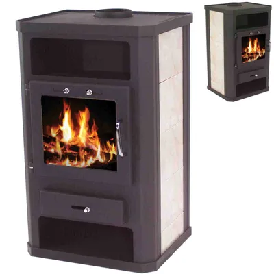 A dark gray wood-burning stove with beige tiled sides, shown against a white background. A smaller, similar stove is visible in the upper right corner.