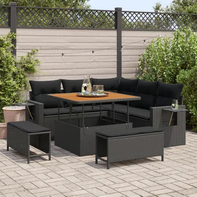 Image de vidaXL Ensemble de canapé de jardin avec coussins 9 pcs noir poly rotin
