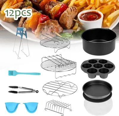 Immagine prodotto di EINFEBEN Accessori per friggitrice ad aria calda 7 pollici 12 pezzi set per friggitrice incl. cestino per pane cestino per pizza padella in silicone padella per griglia spiedini