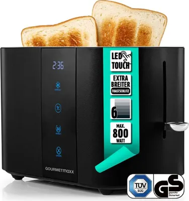 A black toaster with two slices of toast in it, set against a white background with marketing labels.