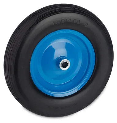 Produktbild von Relaxdays Schubkarrenrad 4.80 4.00-8, Vollgummireifen mit Stahlfelge, bis 120 kg, pannensicheres Ersatzrad, schwarz/blau