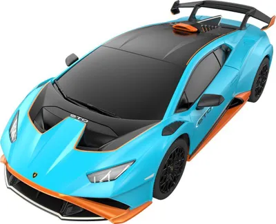 A top-down view of a blue and orange Lamborghini Huracan STO toy car.