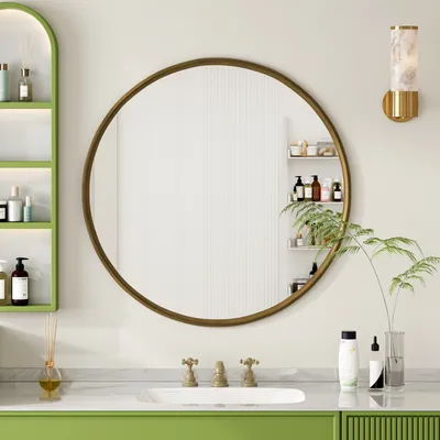 Zdjęcie produktu dla Okrągłe lustro z metalową ramą do łazienki, sypialni, przedpokoju, 80 * 2 * 80 cm, brązowe