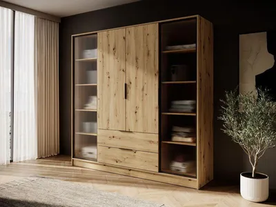 Produktbild von Kleiderschrank – Schlafzimmerschrank – KELLY 4D RD – 206 cm – Artisan Eiche – Regale – Glasfront mit Aluminiumrahmen – Flexibler Stauraum