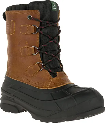 A single brown and black winter boot shown from a three-quarter angle on a white background.