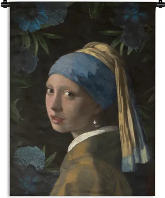 Produktbild von MuchoWow® Wandteppich Wandbehang Mädchen mit Perlenohrring - Vermeer - Blumen - Blau 90x120 cm Tapisserie Dekoration Wandtuch - Wanddeko