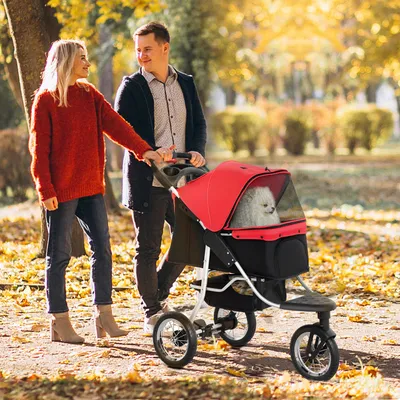 Produktbild von Hundebuggy mit Sicherheitsleine & Bremse, Hundewagen Katzenwagen 600D Oxford-Stahl, Rot | 109,5 x 54,5 x 106,5 cm | bis 10 kg | Ein-Klick-Faltung