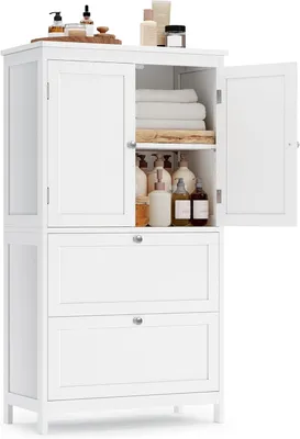 Image de Armoire de salle de bain - Meuble de rangement avec 2 portes et 2 tiroirs - 30 x 60 x 110 cm - Étagère réglable - MDF