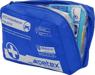 Image de petex Trousse de secours DIN 13164-2022, 43 pièces, compact, emballage hygiénique, y compris masque et lingettes humides, standard UE pour voiture