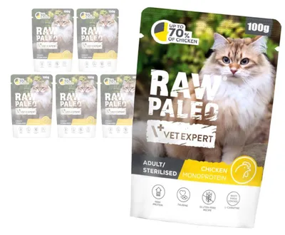 Zdjęcie produktu dla Vet Expert Raw Paleo Adult Sterilised Chicken 6x100g Monoproteinowa Karma Mokra z Kurczakiem Dla Kota