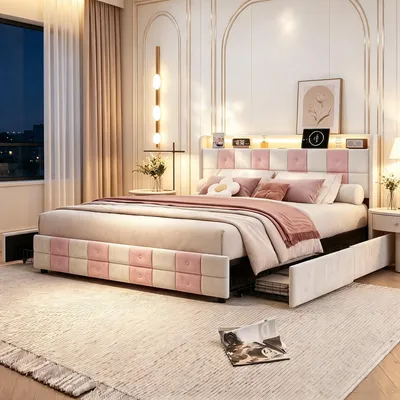 Produktbild von INONEFT Polsterbett 140x190 mit Stauraum, Boxspringbett Doppelbett mit USB und LED, 4 Schubladen, Funktionsbett mit Kopfteil, Samt (Weiß mit Rosa).