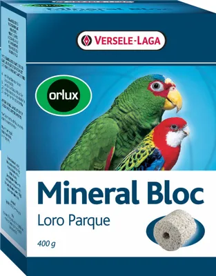 The image shows the packaging of a bird mineral block product.
