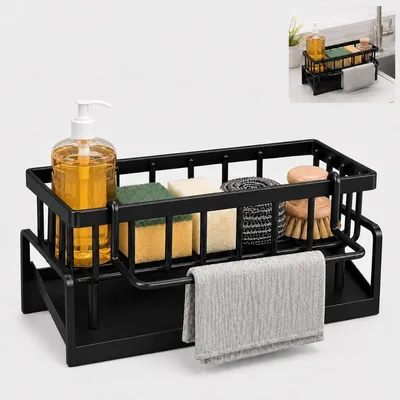 Produktbild von Gootsteenorganizer aus Kohlenstoffstahl, mit abnehmbarer Vaatdoekhanger, 23x10x9 cm, für Küche und Bad