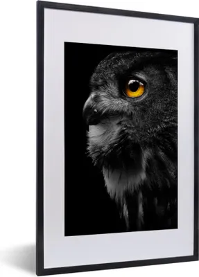 Produktbild von MuchoWow® Gerahmtes Poster Eule - Vogel - Schwarz - Porträt 40x60 cm - Poster mit Schwarzem Bilderrahmen Wandposter Rahmen Foto Bilder - Poster in Rahmen