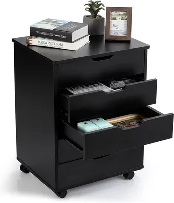 Produktbild von Mobiliaroller mit 5 Schubladen, Holz, 2 Rädern mit Bremsen, Handgriffen, schwarz