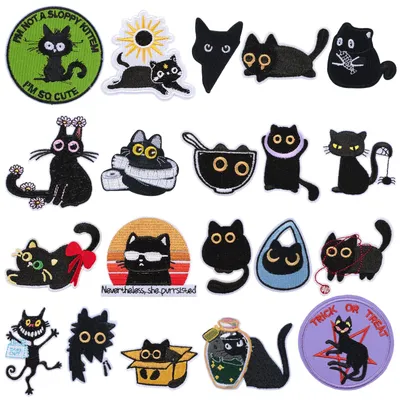 20 schwarze Katzen-Bügelpatches, lustige Designs für Kleidung & DIY