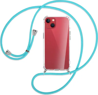 Produktbild von Handykette Backcover-Schutzhülle mit Band (Metall silberfarben) für Apple iPhone 13 - türkis