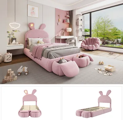 Produktbild von MODFU Kinderbett Polsterbett 90×200 mit LED und Bettkasten,Jugendbett mit Kopfteil in Hasenohrenform und zwei Aufbewahrungshockern,ohne Matratze,Rosa