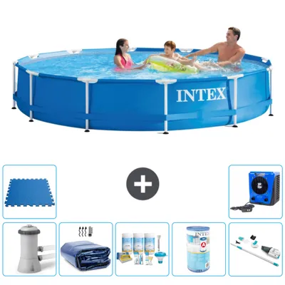 Produktbild von Intex Rundrahmen-Schwimmbecken – 366 x 76 cm – Blau – inklusive Pumpe Sonnensegel - Wartungspaket - Filter - Staubsauger - Bodenfliesen - Wärmepumpe