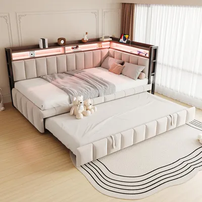 Image de Canapé-lit 90x200 cm, avec éclairage LED, port USB, espace de rangement, étagères, couleur gris foncé
