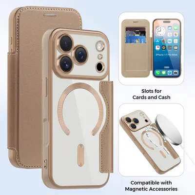 Image de Etui pour iPhone 17 Pro Max compatible avec MagSafe, étui transparent avec porte-cartes, étui en cuir avec protection de l'appareil photo Desert Gold