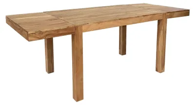 Esszimmertisch Akazie 160-240cm ausziehbar in Gesamtansicht mit ausgezogener Tischplatte und massiven Holzbeinen.