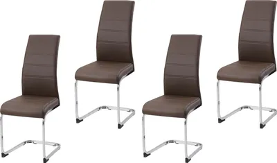 Four brown dining chairs with silver metal legs are arranged on a white background.