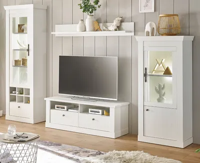 Produktbild von Wohnwand "Fiastra" weiß Pinie Landhaus Wohnkombination 4-teilig, mit Soft-Close