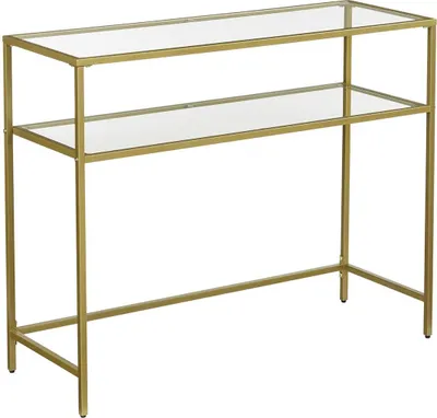 Produktbild von Gold Konsolentisch - Modern 2 Regale aus gehärtetem Glas mit Metallrahmen und verstellbaren Füßen