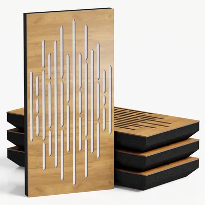 Produktbild von 4er-Pack – Schmale Akustikpaneele mit Samtstoff |50x25 cm| Dekorative Geräuschkontrolle & Echoreduzierung | Diffusion [WAVE-F Eiche|Weiß]