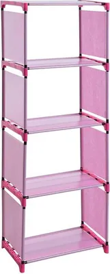 A pink four-tier shelf unit against a white background.