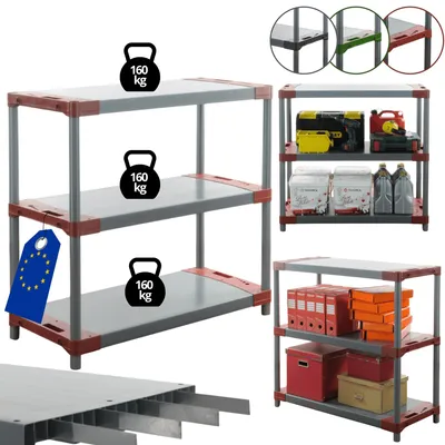Produktbild von MODO24 Kunststoffregal, 3 Ablagen, 160kg/Boden, Schwerlast, Steckregal, Lagerregal, Plastikregal, Werkstatt, 98x110x46?cm, Rot, TYTAN