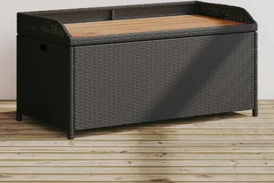 Produktbild von Design Bank mit Stauraum Schwarz 100x50x52 cm Poly Rattan Akazienholz, Gartenbänke 2024 Neu