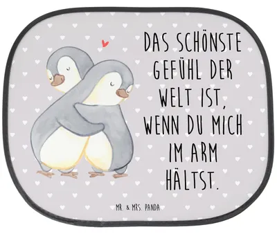 Produktbild von Mr. & Mrs. Panda Auto Sonnenblende Pinguine Kuscheln - Grau Pastell - Geschenk, Hochzeitstag, sonnenschutz saugnapf, für Frauen, Partner, Freundin, Valentinstag, Freund